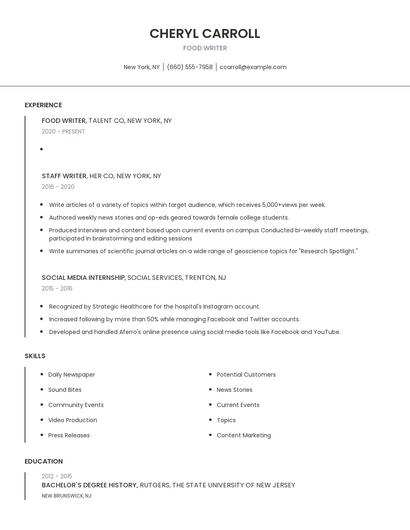 Food Writer Resume