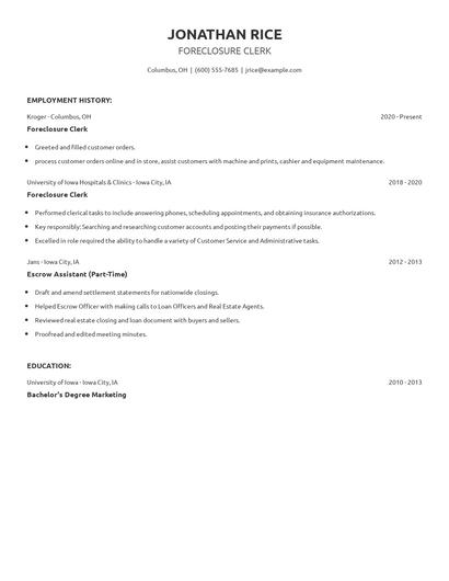 Foreclosure Clerk Resume