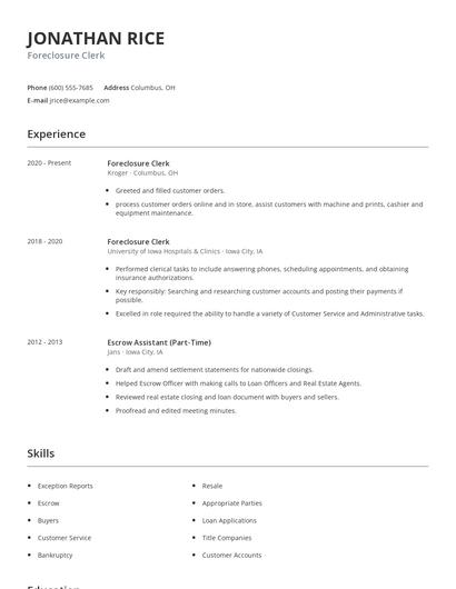 Foreclosure Clerk Resume