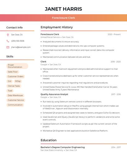 Foreclosure Clerk Resume