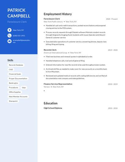 Foreclosure Clerk Resume
