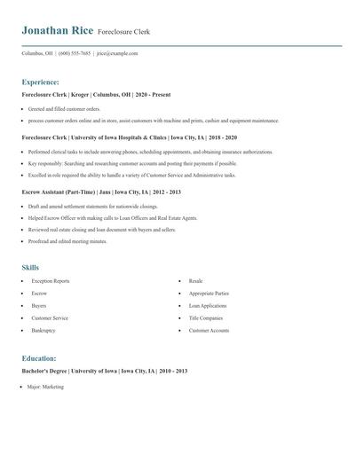 Foreclosure Clerk Resume