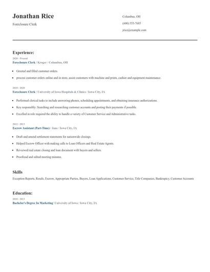 Foreclosure Clerk Resume