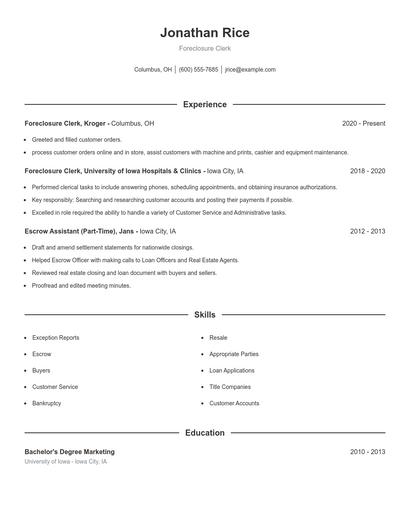 Foreclosure Clerk Resume