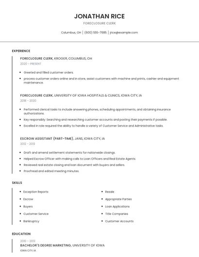 Foreclosure Clerk Resume