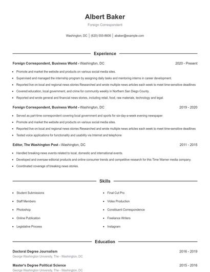Foreign Correspondent Resume