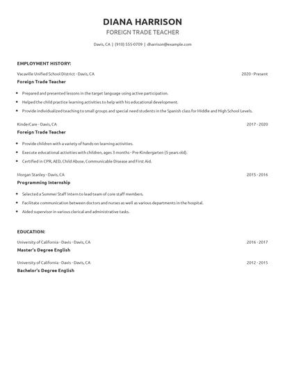 Foreign Trade Teacher Resume