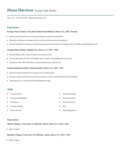Foreign Trade Teacher Resume