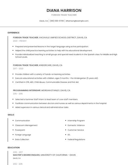 Foreign Trade Teacher Resume
