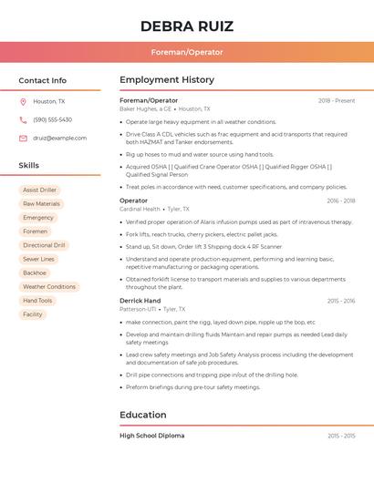 Foreman/Operator Resume
