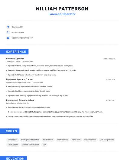 Foreman/Operator Resume
