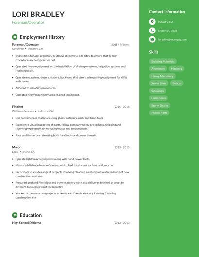 Foreman/Operator Resume