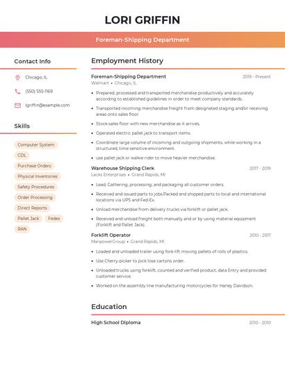 Foreman-Shipping Department Resume