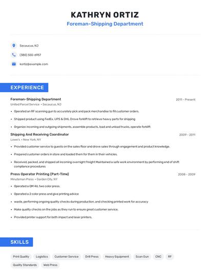 Foreman-Shipping Department Resume