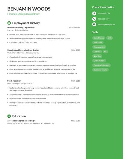 Foreman-Shipping Department Resume