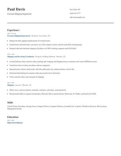 Foreman-Shipping Department Resume