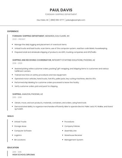 Foreman-Shipping Department Resume