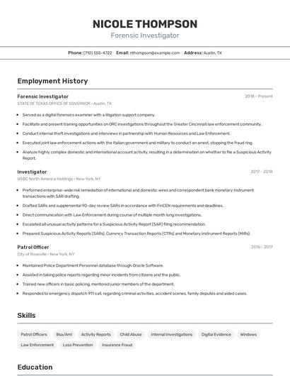 Forensic Investigator Resume