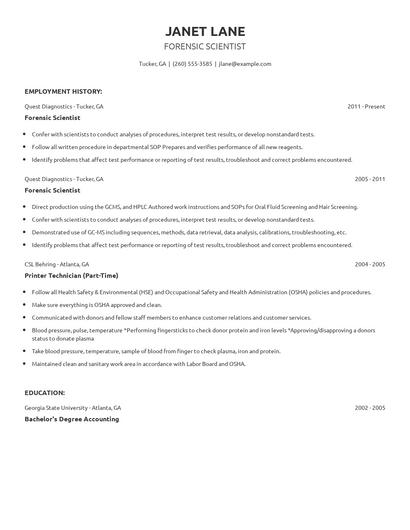 Forensic Scientist Resume