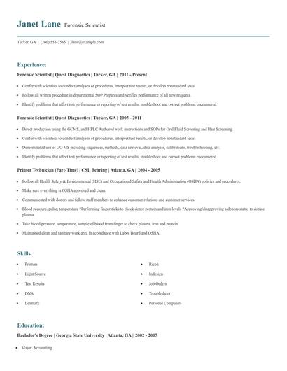 Forensic Scientist Resume