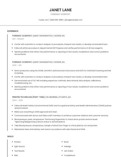 Forensic Scientist Resume
