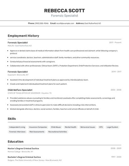 Forensic Specialist Resume