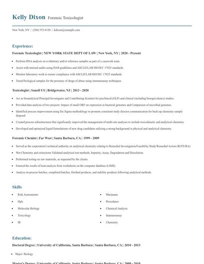 Forensic Toxicologist Resume