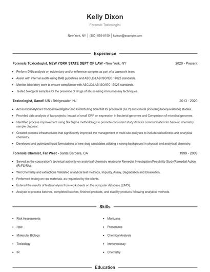 Forensic Toxicologist Resume