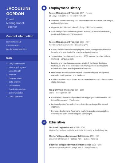 Forest Management Teacher Resume