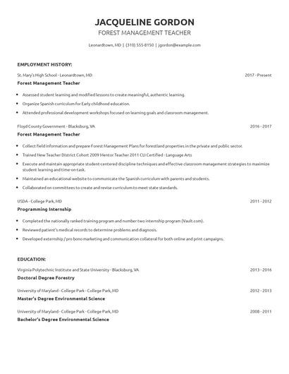 Forest Management Teacher Resume