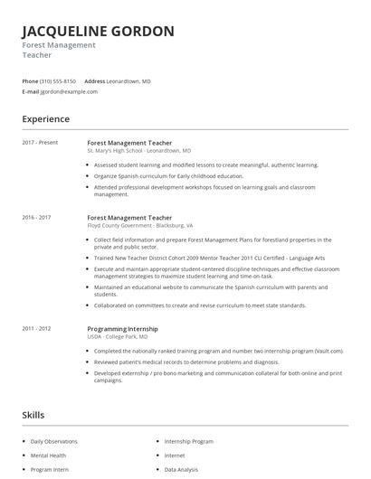 Forest Management Teacher Resume