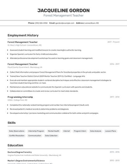 Forest Management Teacher Resume