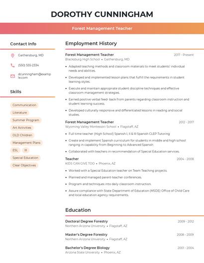 Forest Management Teacher Resume