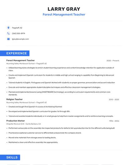 Forest Management Teacher Resume