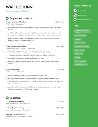 Forest Management Teacher Resume