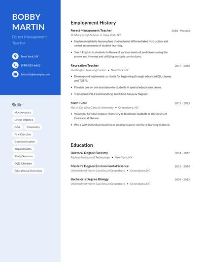 Forest Management Teacher Resume