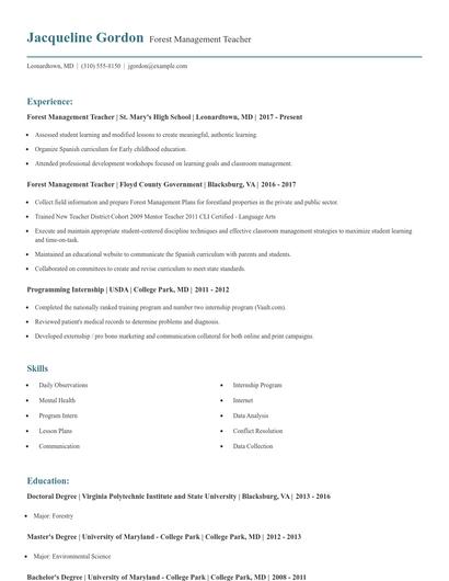 Forest Management Teacher Resume