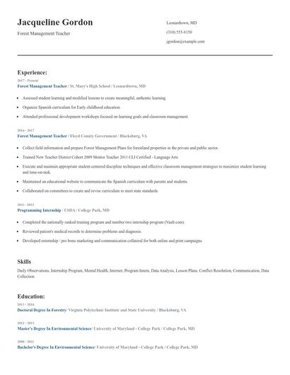 Forest Management Teacher Resume