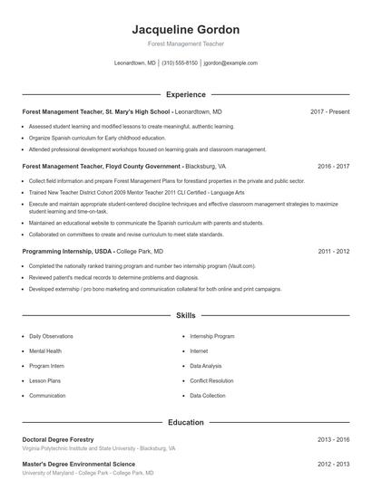 Forest Management Teacher Resume