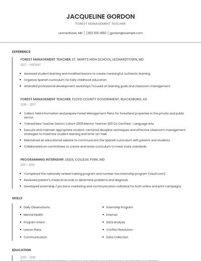 Forest Management Teacher Resume