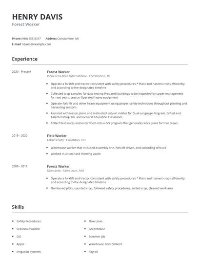 Forest Worker Resume