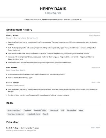 Forest Worker Resume