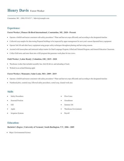 Forest Worker Resume