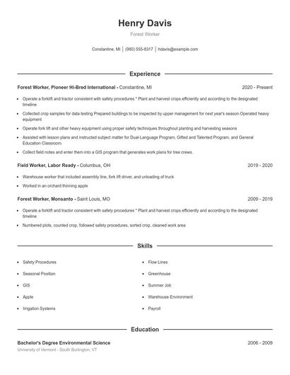 Forest Worker Resume