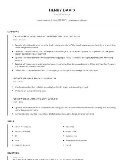 Forest Worker Resume