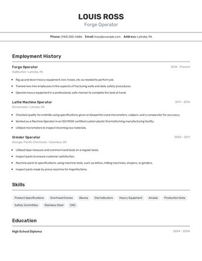 Forge Operator Resume
