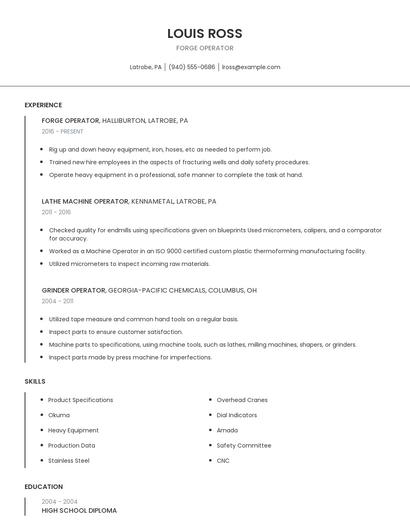 Forge Operator Resume