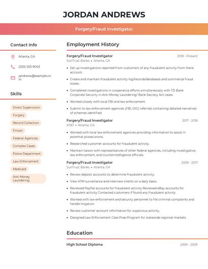Forgery/Fraud Investigator Resume