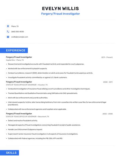 Forgery/Fraud Investigator Resume