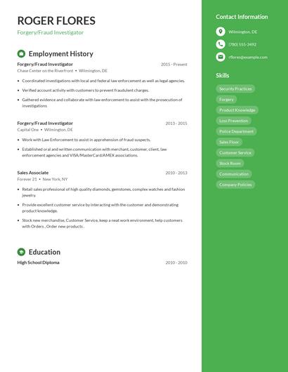 Forgery/Fraud Investigator Resume